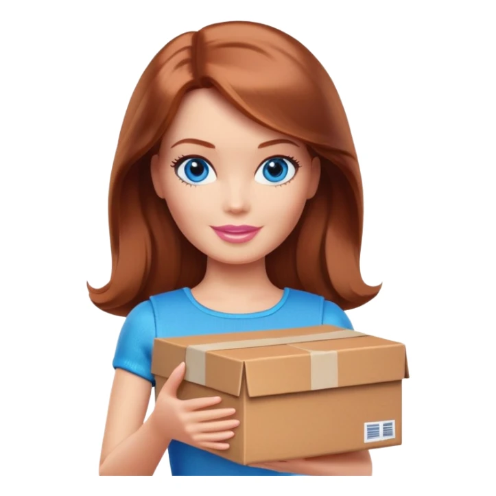 Barbie with shoulder-length reddish-brown hair in chocolate clothes holds a package box, blue eyes sticker