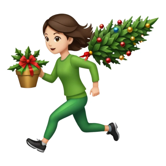 girl running and stealing christmas tree sticker