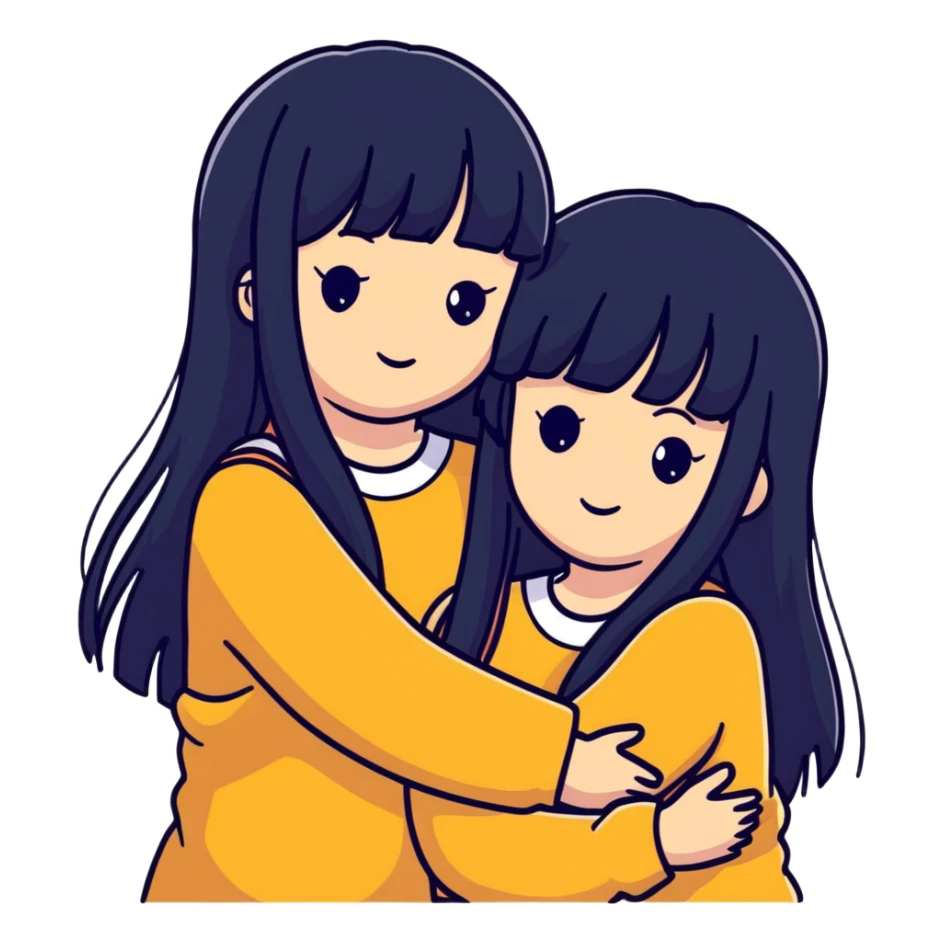 two white girls with long black hair hugging, one girl has bangs sticker