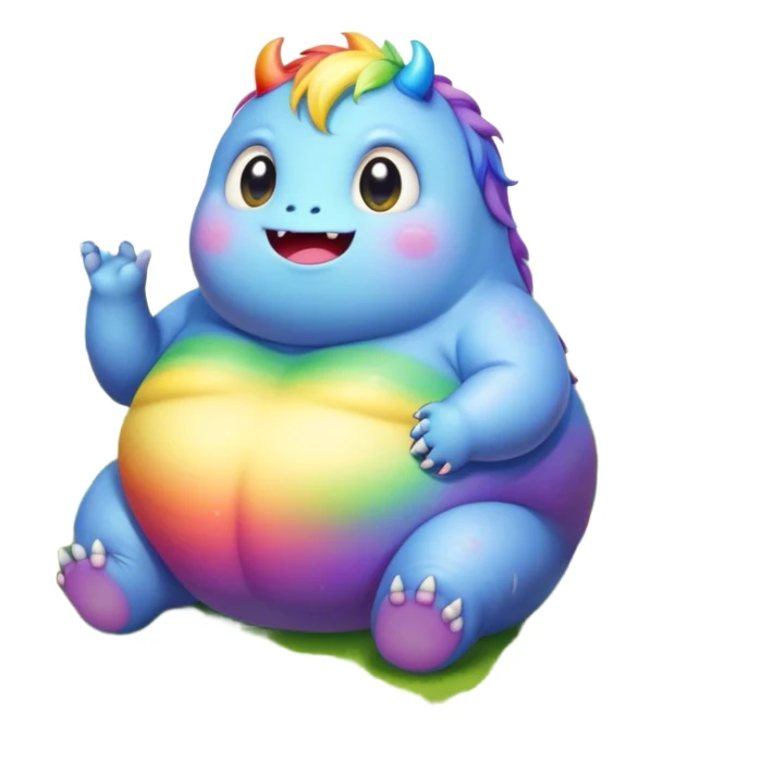 Kawaii derpy fat rainbow monster sitting in a magic field, rich textures, visually detailed, so lifelike that it feels like it could leap off the page at any moment sticker