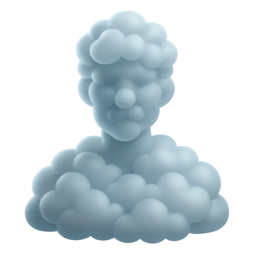 shoulder-up portrait of a person facing forward, fully composed of bright, convex clouds with glossy effect, matte glass style sticker