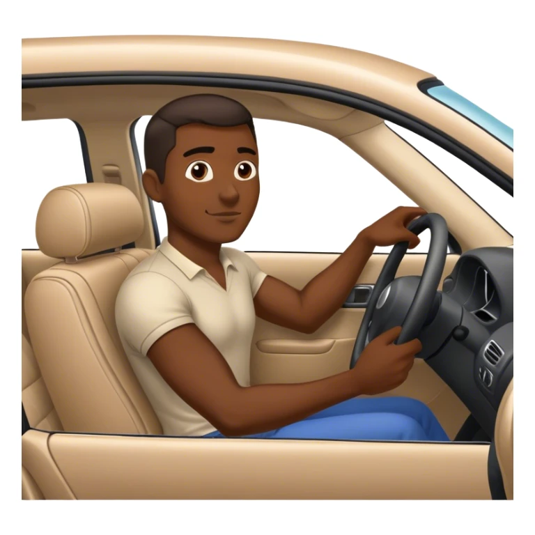 A dark-skinned man is sitting in a car and performing a shoulder check while driving. you can see the car from the inside and the driver is performing the shoulde check while lookin back into the car at the backseats sticker