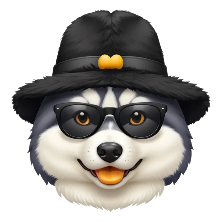 Husky dog wearing black sunglasses and a hat with duck pattern sticker