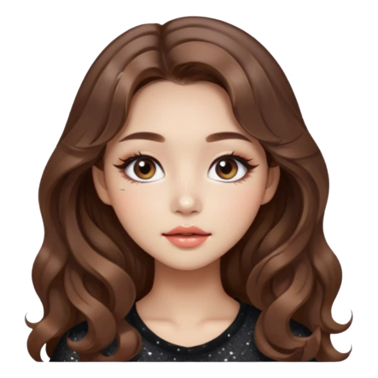 “korean brown hair Emoji girl, soft eyeliner, gradient lips, light brown shimmer eyeshadow, sparkly aegyo-sal, long wavy hair,  sticker