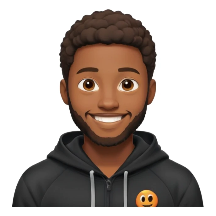 African yound man in his late 20s with a  bright smile with a short boxed beard, black hoody in Pixar cartoon style. with a skin glow sticker