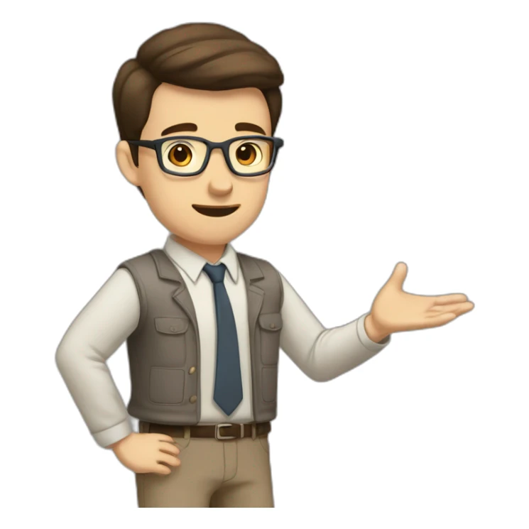To belt Actively gesturing with hands Pale skinned fit man teacher with dark brown hair in gray jacket, beige office shirt, brown tie, brown pants and vintage glasses. sticker