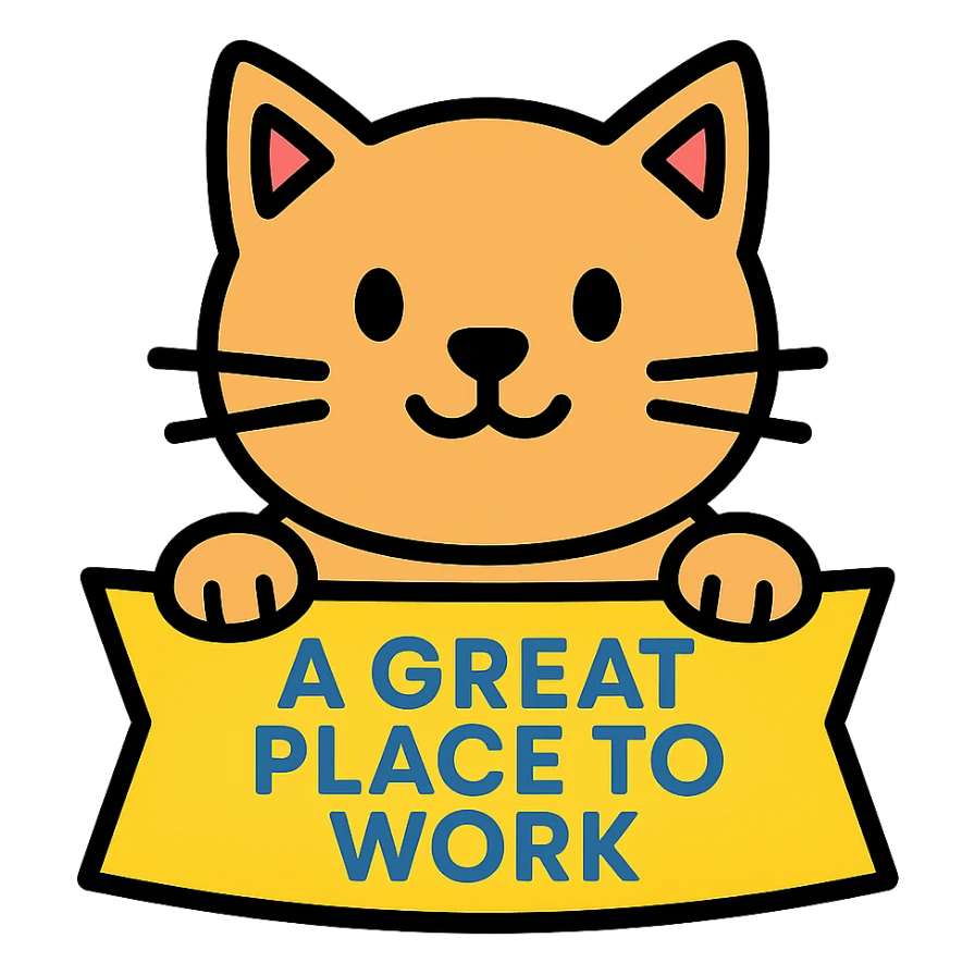 cat holding a ribbon with the text 'a great place to work' written in blue in lineal color icon with black outlines style sticker