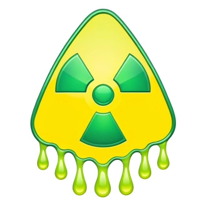 radioactive hazard symbol stylized to look like it is melting. The symbol is bright neon green and toxic yellow, with smooth dripping edges like liquid. sticker