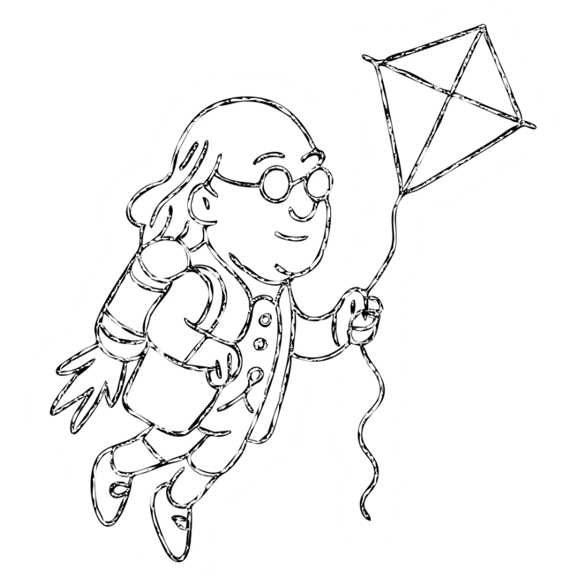 Ben Franklin with jetpack and diamond kite, hand-drawn black outline, minimalist sticker