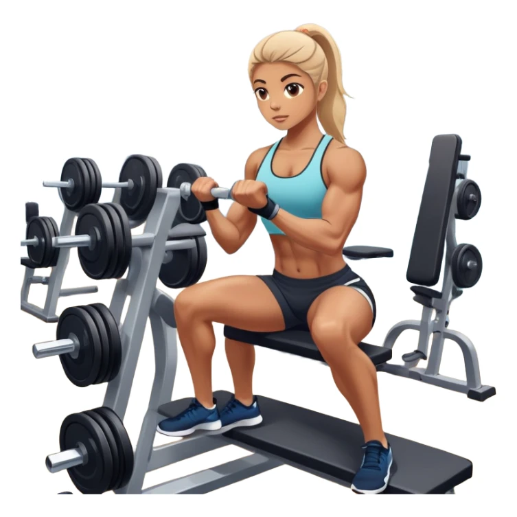 A focused athlete working out on a strength training machine in a modern gym. Muscles engaged, expression determined, demonstrating power and endurance. The gym is filled with equipment like dumbbells, barbells, and mirrors reflecting effort, creating a high-energy atmosphere. sticker