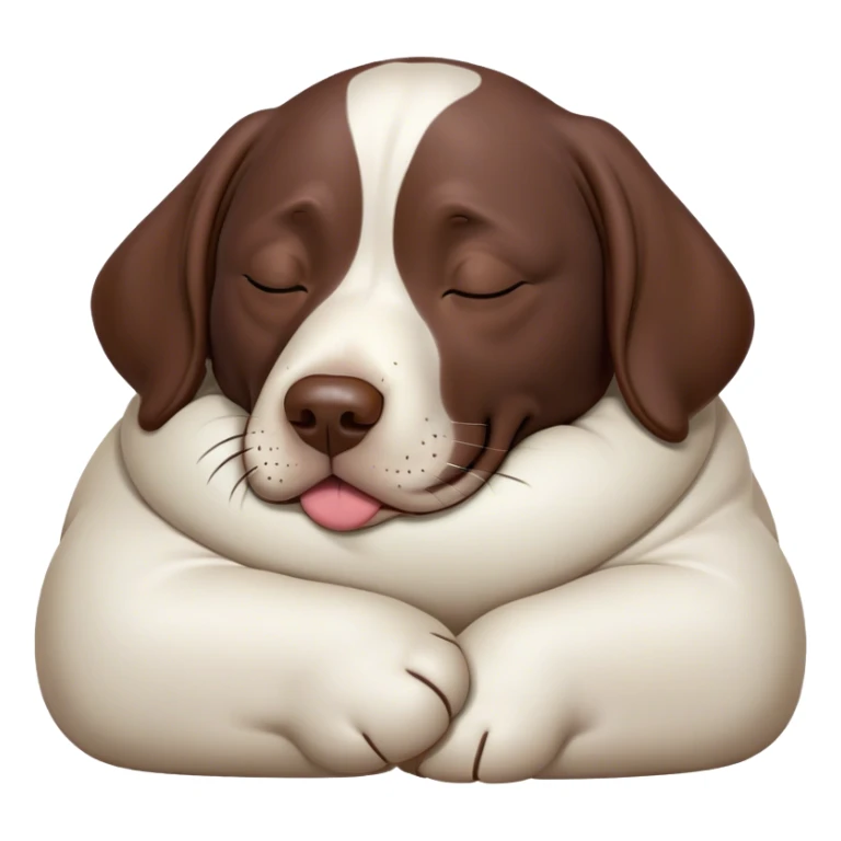 Cinematic Meme-Worthy Chubby Sleeping German Pointer Portrait Emoji, Head resting peacefully with a contented smile, showcasing a delightfully chubby build and a luxuriously soft liver and white coat, eyes shut in a serene nap, Simplified yet hilariously adorable features, highly detailed, glowing with a soft, drowsy light, high shine, relaxed and utterly lovable, stylized with an air of playful laziness, bright and heartwarming, soft glowing outline, capturing the essence of a comically sleepy hunter, so meme-worthy it feels like it could instantly become the next viral sensation of adorable slumber! sticker