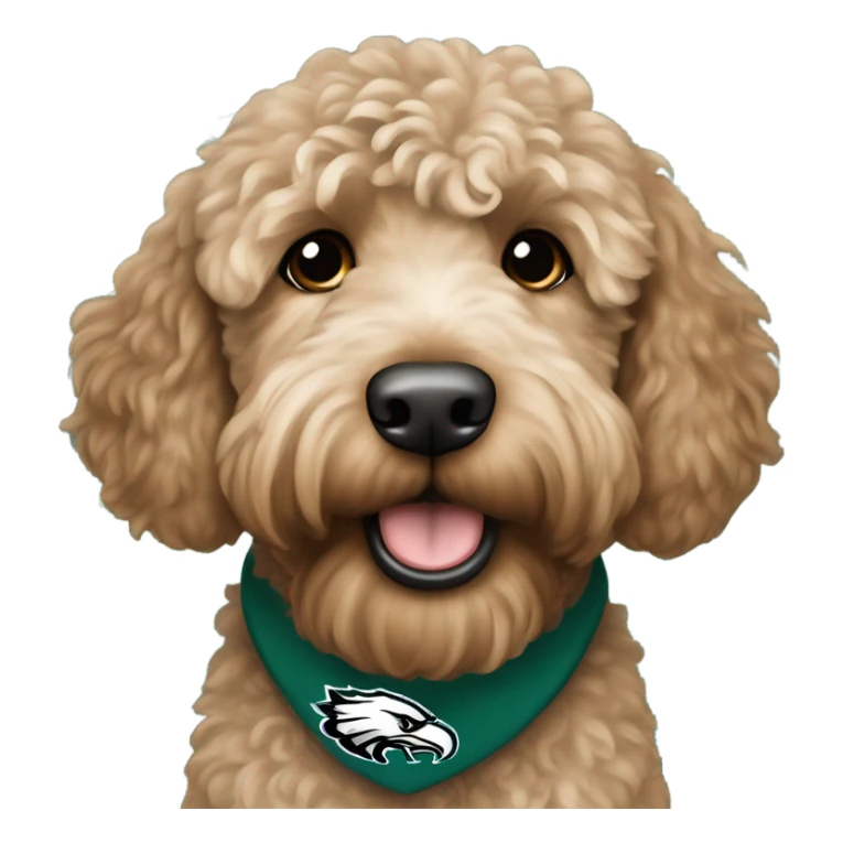 a light brown labradoodle wearing a Phildaelphia Eagles shirt sticker
