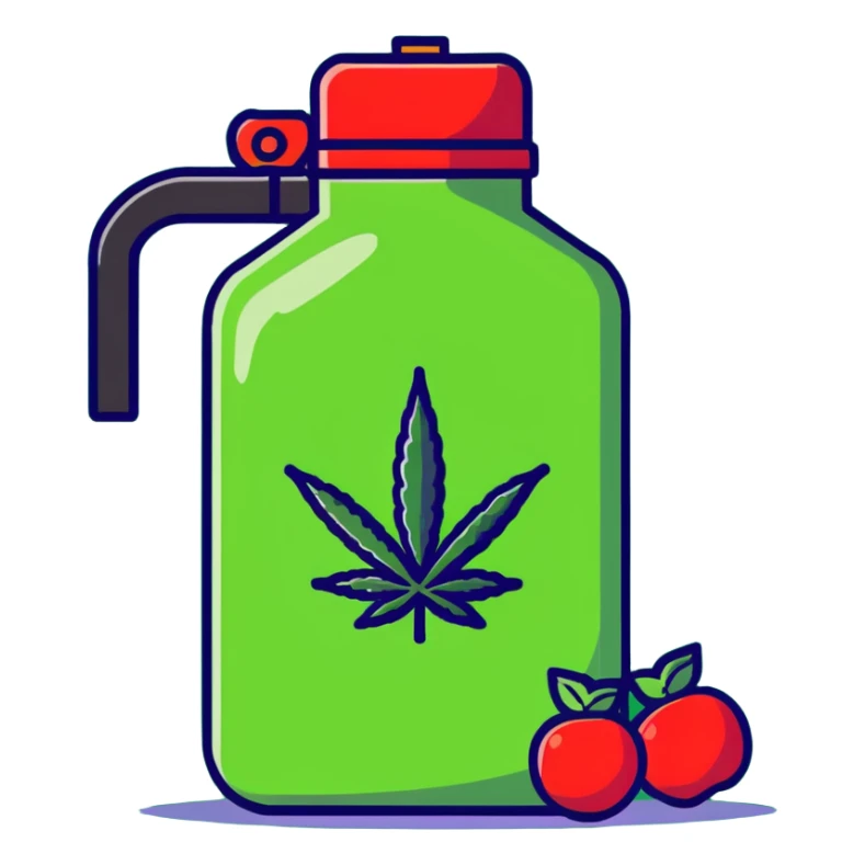 bright red gasoline canister surrounded by a banana, an apple, grapes, and a cannabis leaf, red fuel can with fruits and marijuana leaf arranged around it sticker