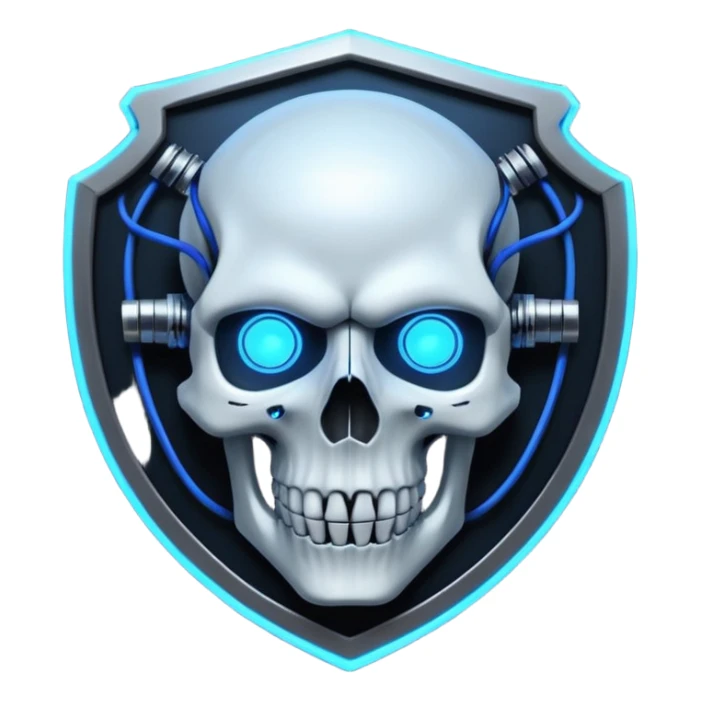 Cyberpunk shield, skull with cybernetic implants, glowing wires, dark electric blue and black tones, no background sticker