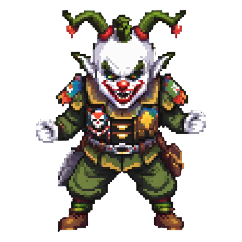 evil clown soldier, bald, short forehead horns, fangs, pointed ears, black and military green clothes, fighting stance sticker