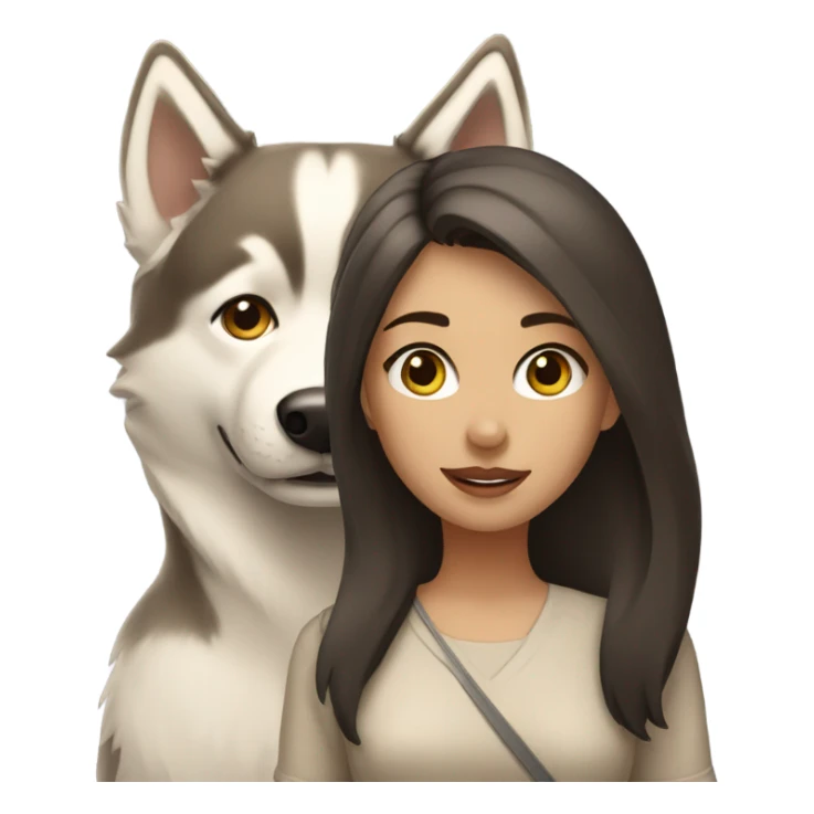 A brunette girl next to a beige Husky sticker