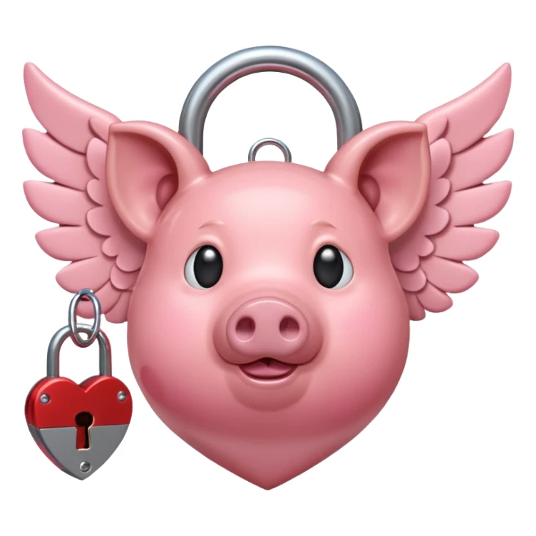 A pink heart with pig ears, wings, and a lock and key sticker