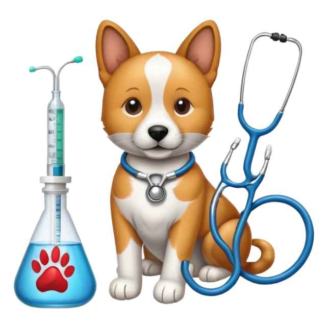 An icon featuring a stethoscope, a paw print, and a syringe, symbolizing veterinary medicine. The design includes a dog and a cat, alongside medical tools, representing animal care, diagnosis, and treatment. Transparent background highlights the science of animal health and well-being. sticker