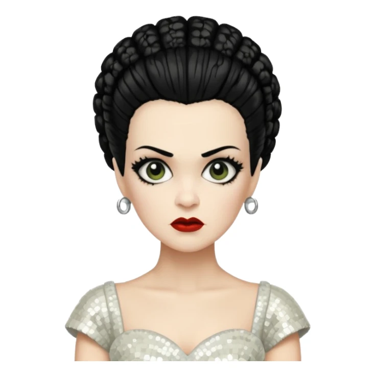 Bride of Frankenstein with black hair, ivory sequin outfit sticker