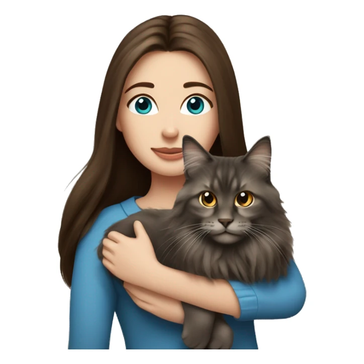 long straight haired blue eyed brunette woman holding norwegian forest cat with amber eyes sticker