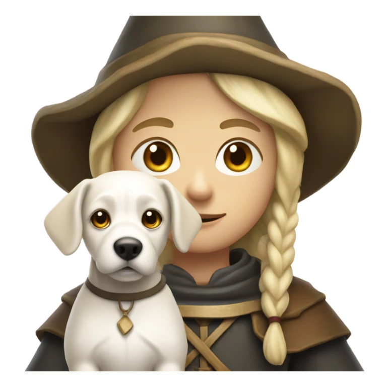 young medieval pilgrim with hat and blond hair and white little dog sticker