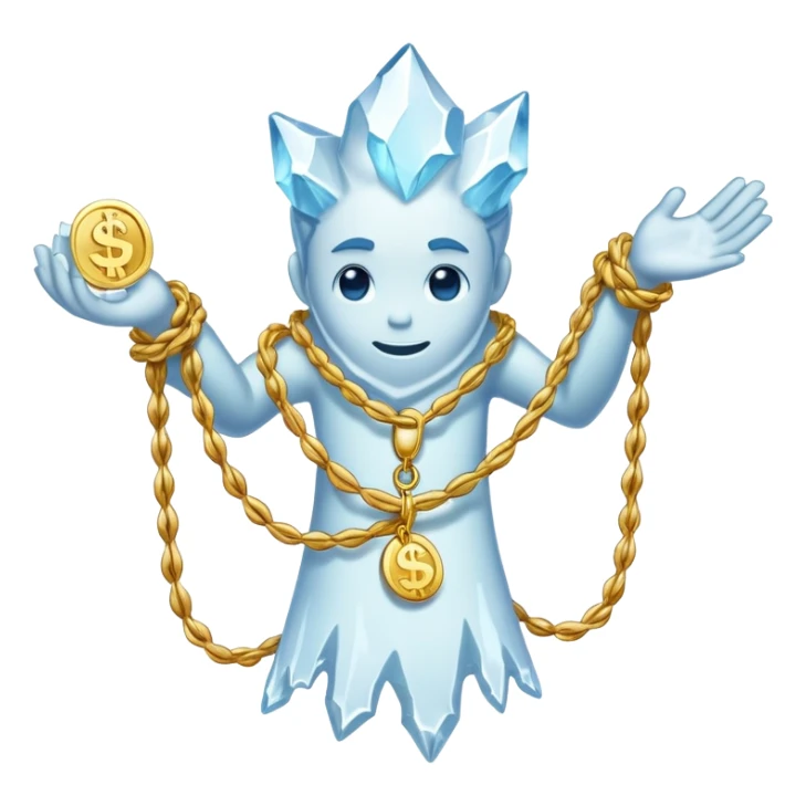 Snow elemental shaped more like a human—think tall, jointed limbs, maybe even facial expressions made of ice or snow flaunting money wearing gold rope chain sticker