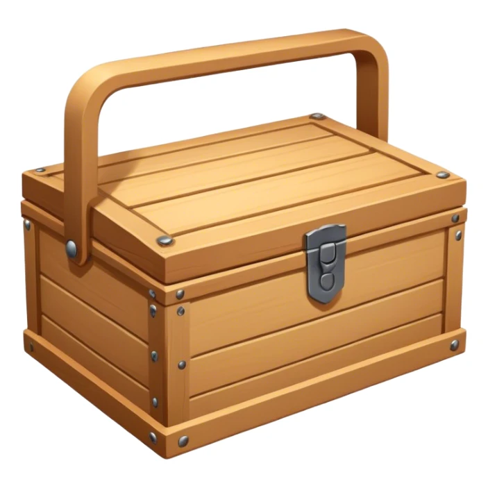 A rectangular or square box, usually made of wood or metal, used for storing items, often with a lid and handle sticker