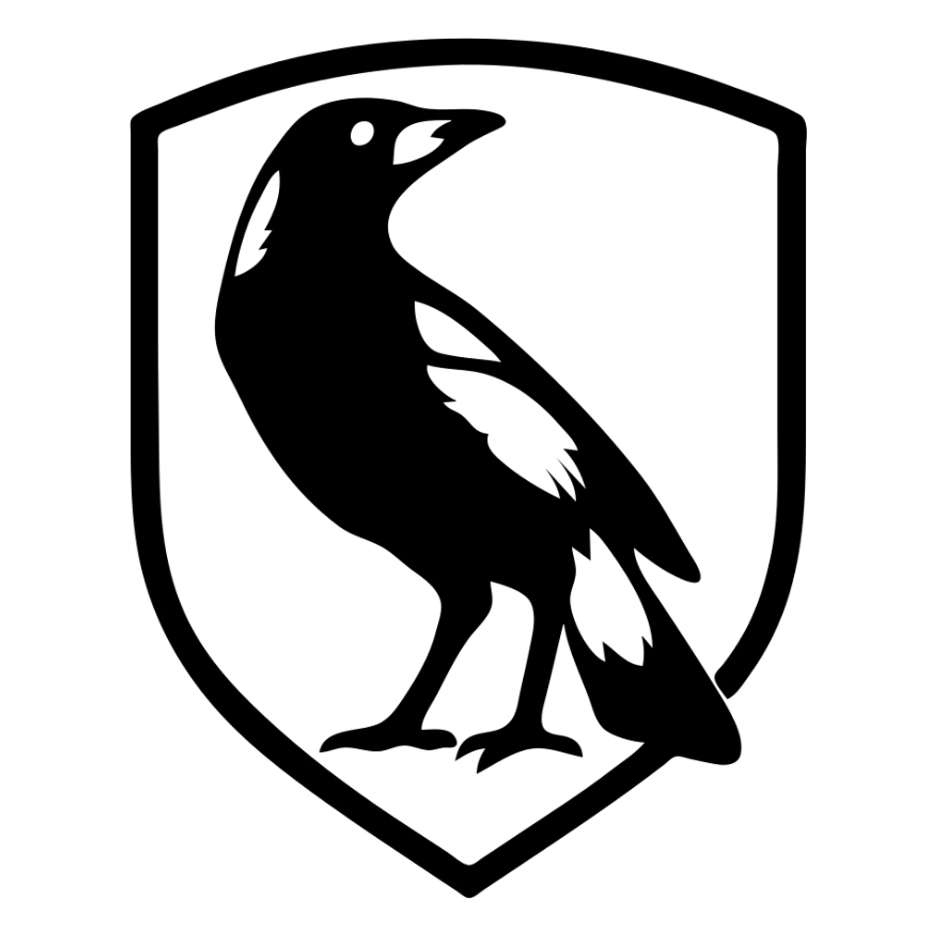 Collingwood Magpies logo-inspired magpie, bold black and white, shield background, modern style sticker