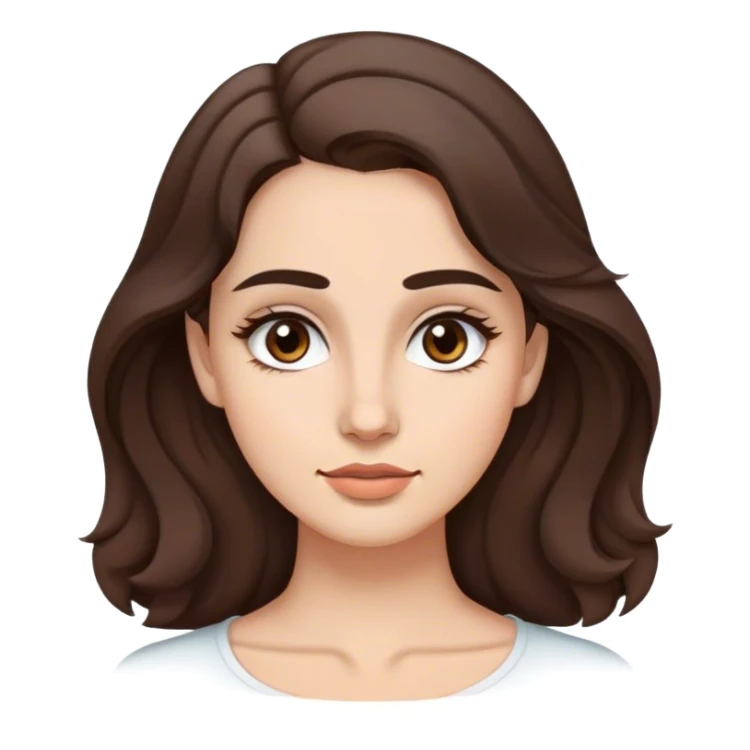 Mujer joven con rostro ovalada, mandíbula suave y frente ligeramente ancha, ojos mediano,ojos café oscuro, cejas arqueadas y cabello castaño, largo y ondulado de piel trigueña y pestañas largas sticker