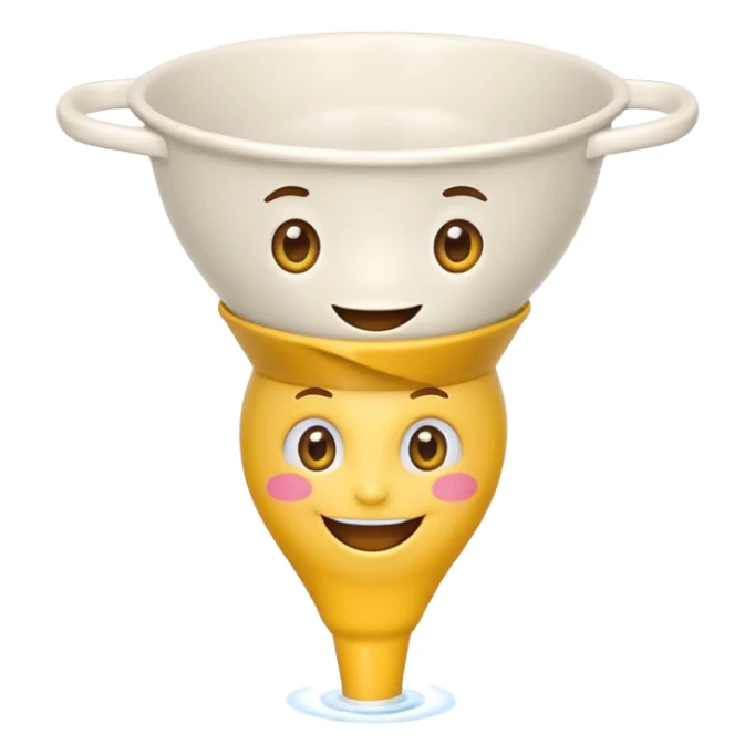 Crazy laughing emoji on upside-down kitchen funnel on its head (not a hat), wide smile, big eyes, cartoon emoji style, bright colors. sticker