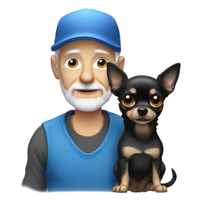 Old man with blue eyes and gray goatee in ball cap holding black long haired chihuahua  sticker