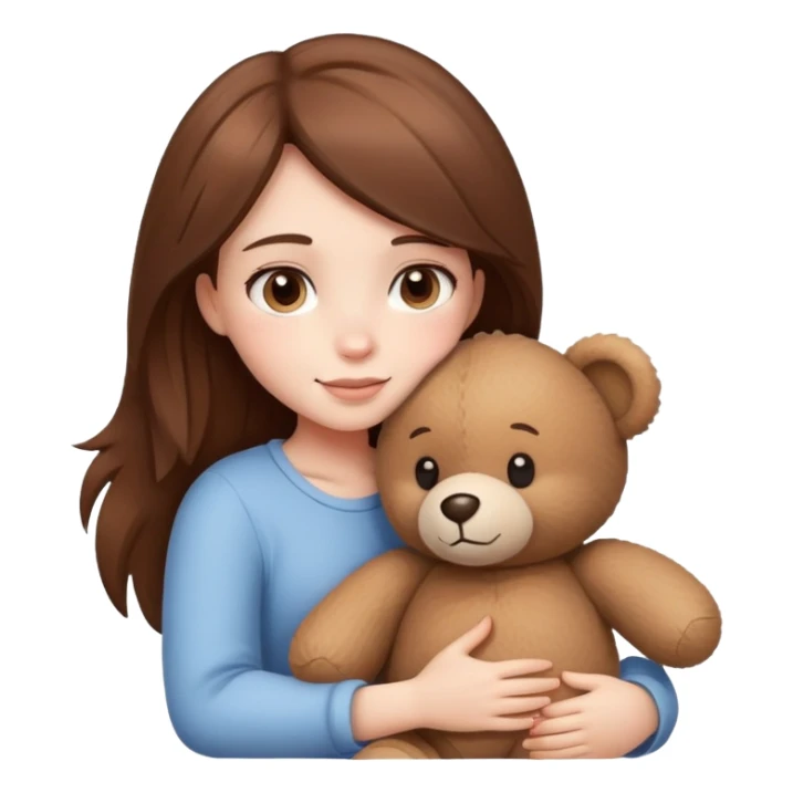 brown hair girl, white skin, hugging a teddy bear sticker