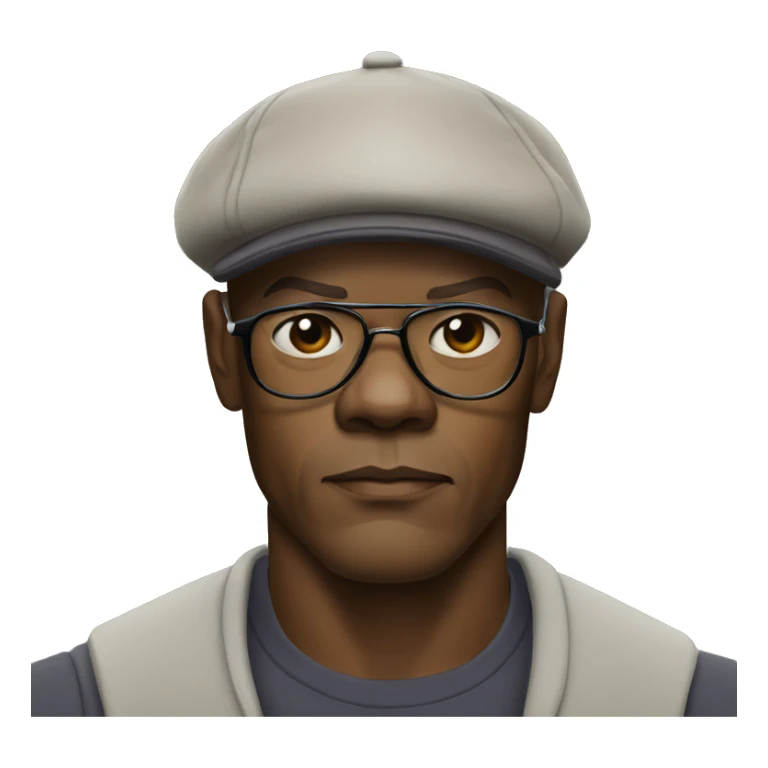 bald samuel l jackson serious wearing shirt and backwards Kangol sticker