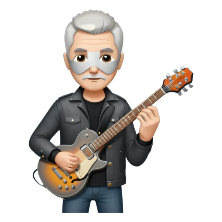 a short grey hair with no beard, middle age metal head with a classic epiphone eletric guitar sticker