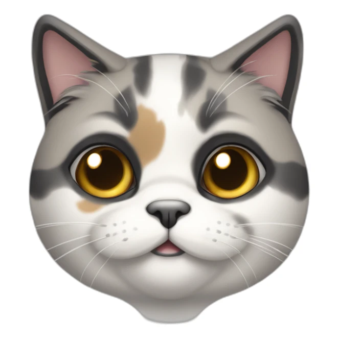 senior chubby diluted calico cat, white chin, black nose, grey ears, grey and white sticker