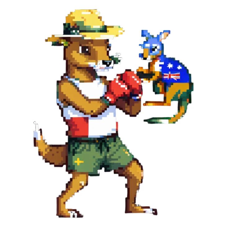 a man in an Australian hat boxing with a kangaroo sticker
