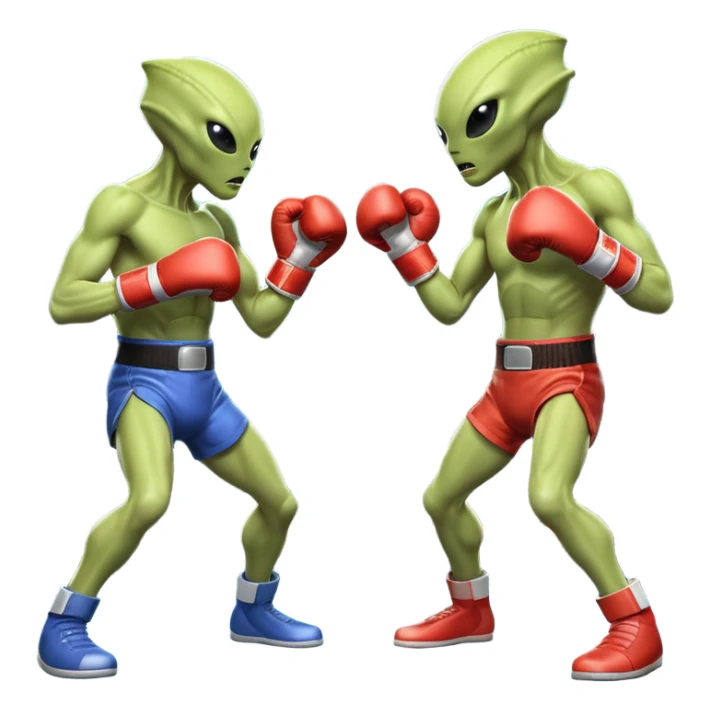 two aliens boxing in a fight stance, facing each other with raised gloves, dynamic action pose, intense expressions, sci-fi arena vibe, 3D cartoon style, mobile game icon style, clean background, no text, no watermark
 sticker