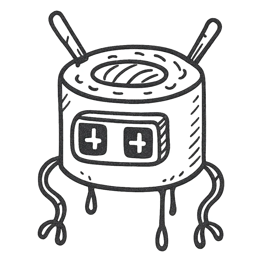 a robot shaped like a sushi roll, with LED eyes, tentacle sticks and soy sauce dripping like wires sticker