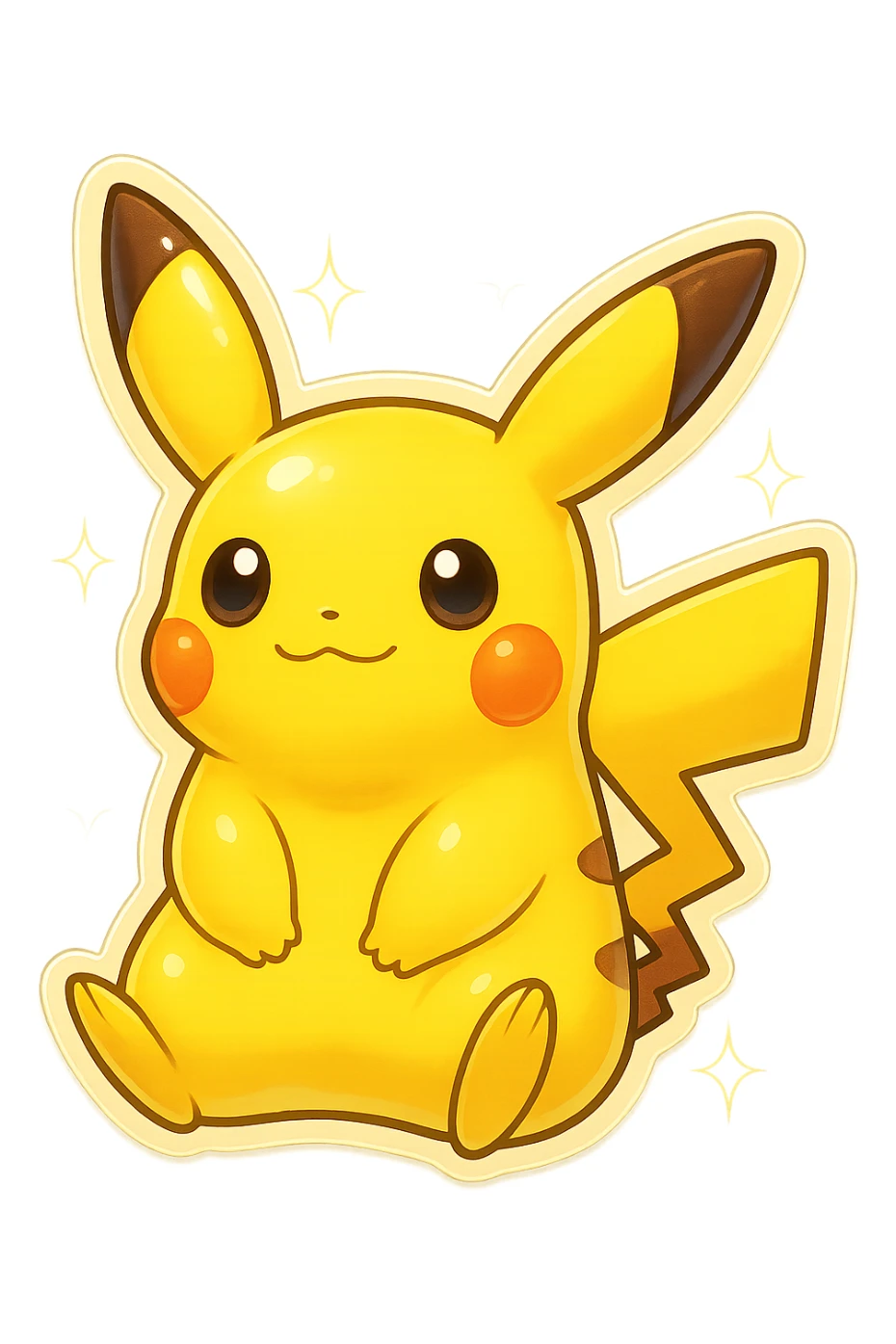 Make this a shiny Pikachu with a lighter yellow color and sparkles, keep the retro stickers style and no background. sticker