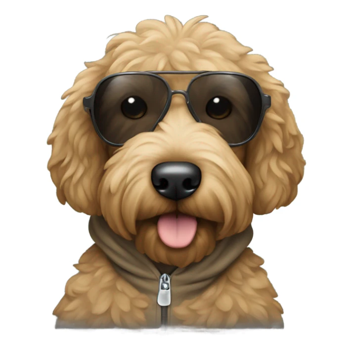 Black goldendoodle wearing a hoodie n sunglasses  sticker