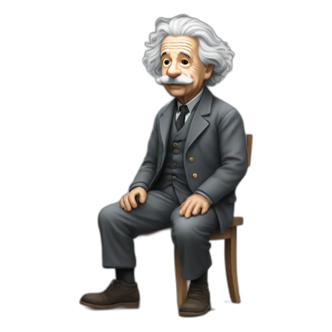 a full body perspective of albert einstein sitting on an invisible edge sticker