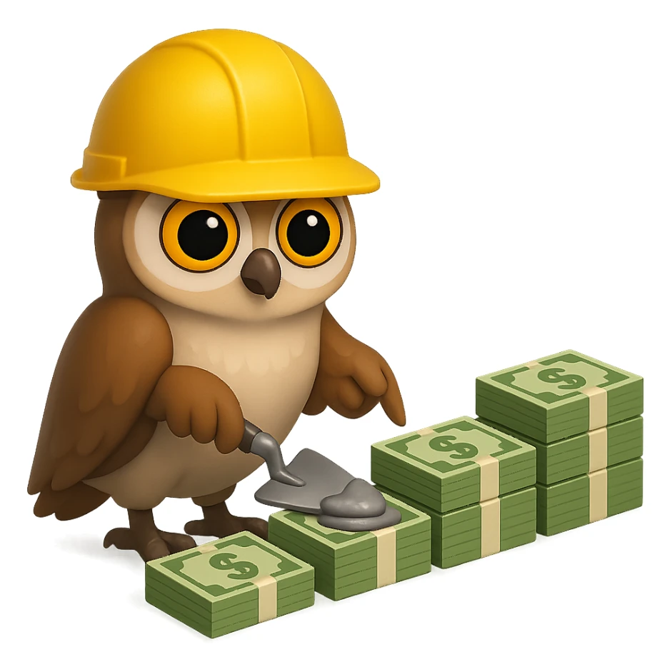 В стилистике эмоджи сгенерируй сову, она в строительно шлеме сосредоточено мастерком для цемента выкладывает пачки долларов по переднему плану будто они кирпичи, пачки идут в возрастающем порядке, картинка символизирует "управляемый рост выручки", прозрачный фон sticker