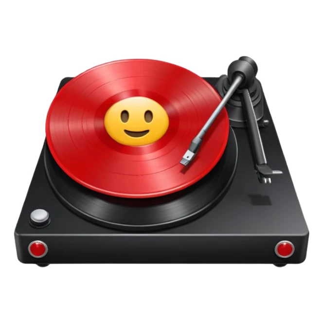 Generate a high-quality 3D cartoon-style emoji of a red LP record placed inside a black LP turntable, realistic shading, smooth gradient colors, rounded and cute appearance, simple white background, high-resolution.
 sticker