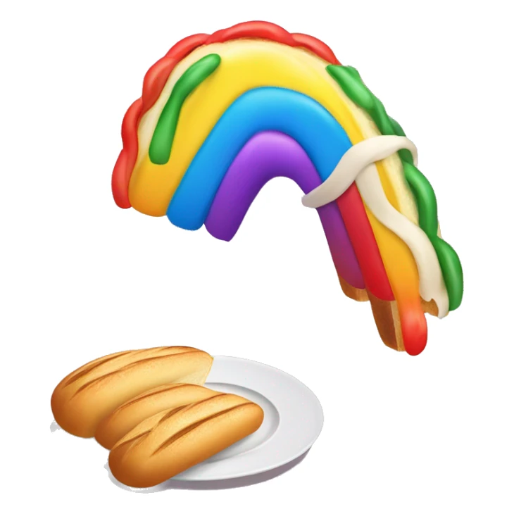 rainbow bagguette bread, and plate of fettuccine sticker