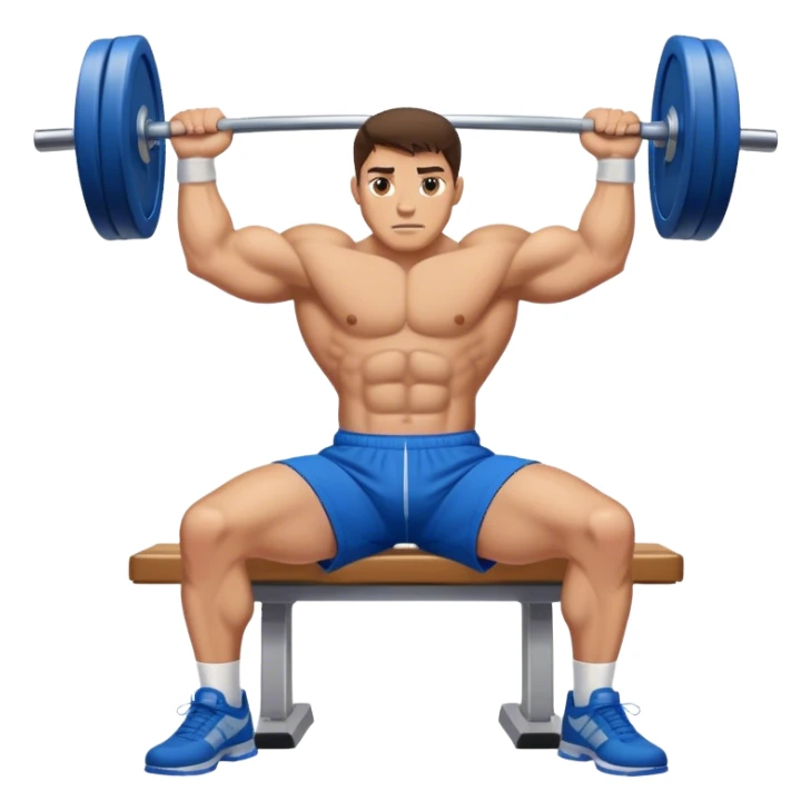 brunette buff man with blue shorts benchpress sticker