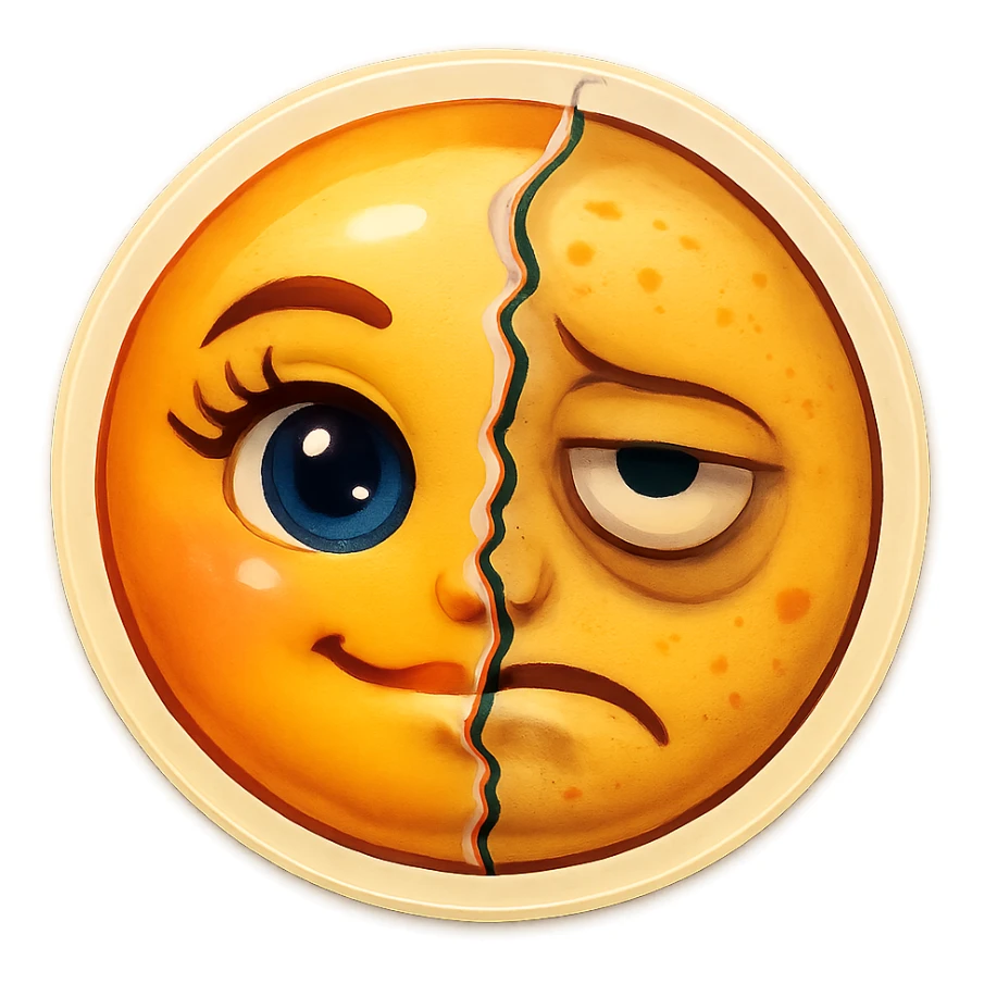 Edit the half-and-half face so both sides are stylized as emoji faces, not realistic. The left is a perfect, glowing, filter-enhanced influencer emoji look with exaggerated features. The right is a weary, unfiltered emoji face with dark circles, blemishes, and a frown. Keep the glitchy, cracked-mirror line separating the two sides. sticker