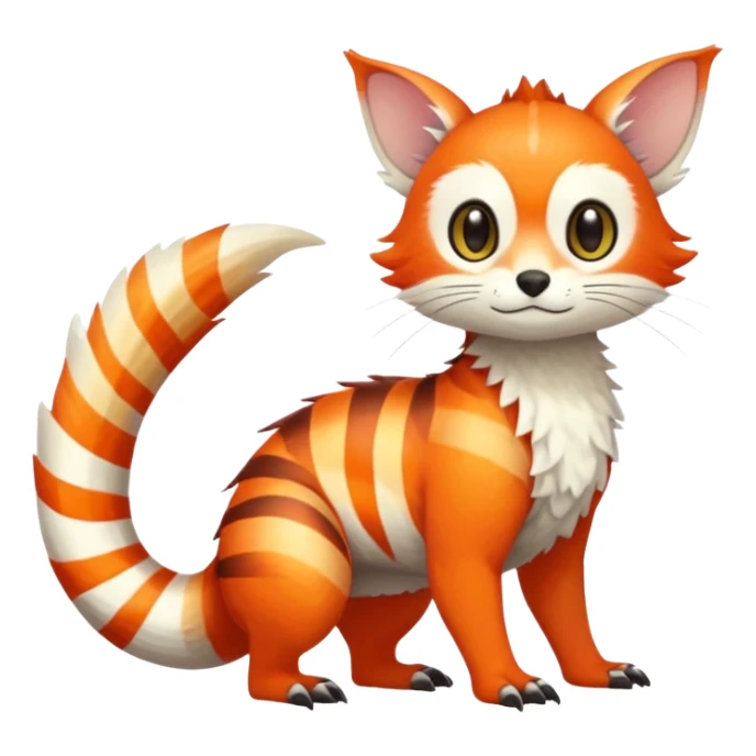 lush warm-colored Fakémon-Trico-creature (full body) with white cheek markings, white-striped tail sticker