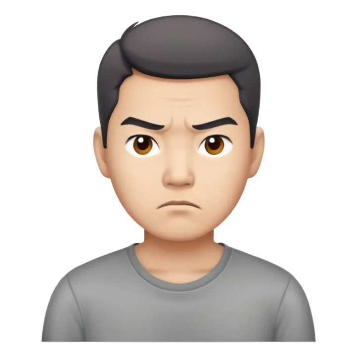 Asian man in a gray shirt with a frown sticker