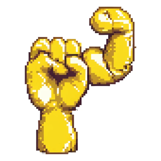 pixel art style, emoji-like strong arm flexing, simple and bold, yellow color, minimal details sticker