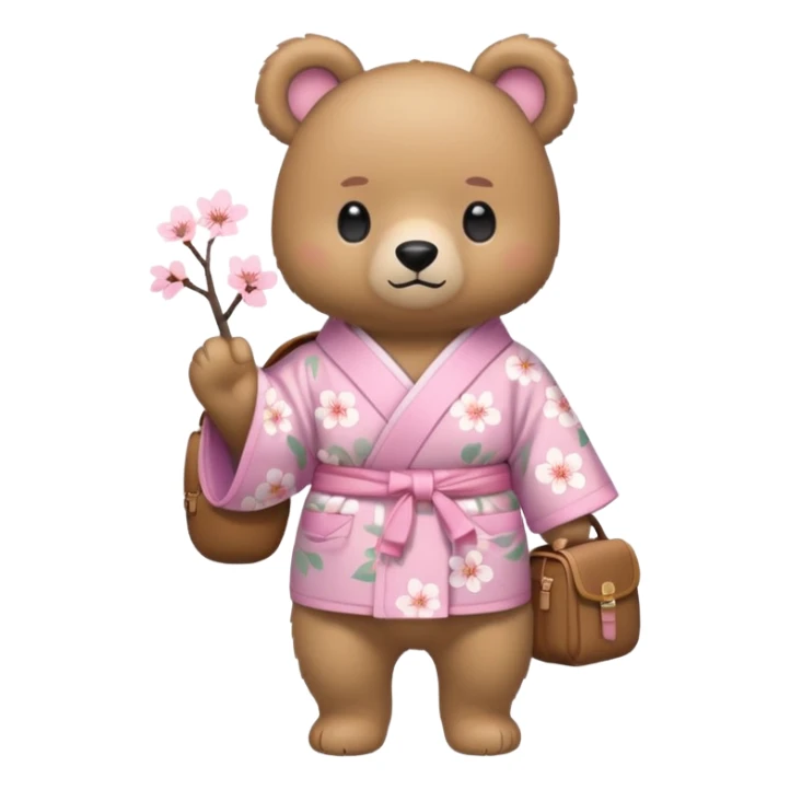 A cute light-brown bear wearing a pastel pink sakura-patterned kimono, normal balanced body ratio.  
Wearing a small backpack on the back, one paw holding the strap, ready to go outside.  
Kawaii emoji style, minimalistic clean sticker illustration, white background. sticker